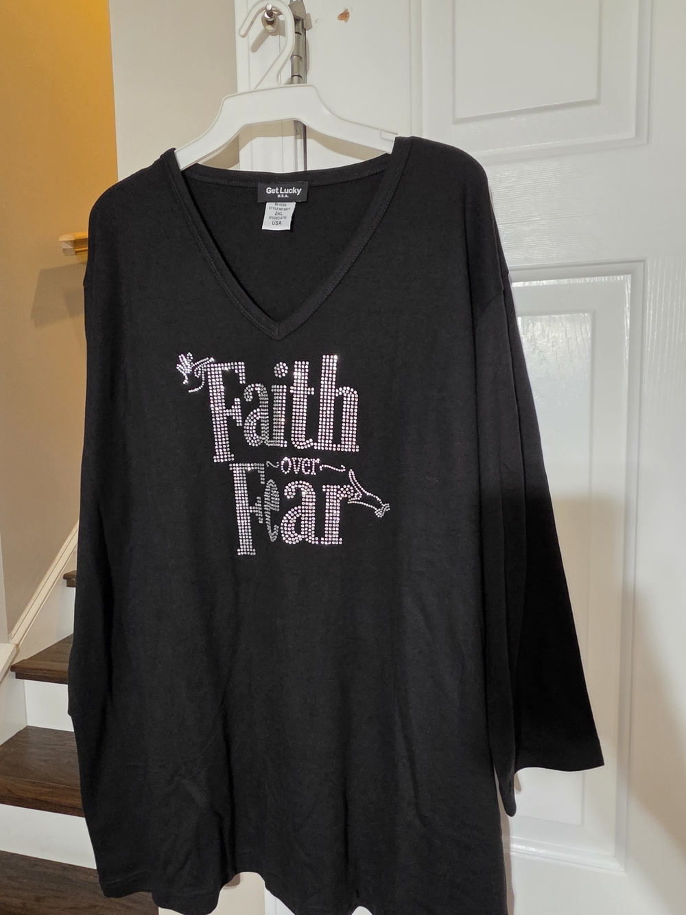 Faith Over Fear Black V-Neck Rhinestone Top
